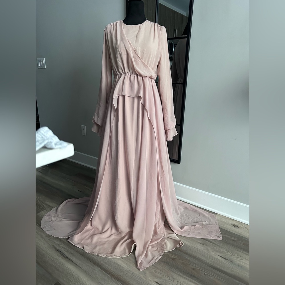 Chiffon Blush Maxi Dress with Draped Peplum Waist
